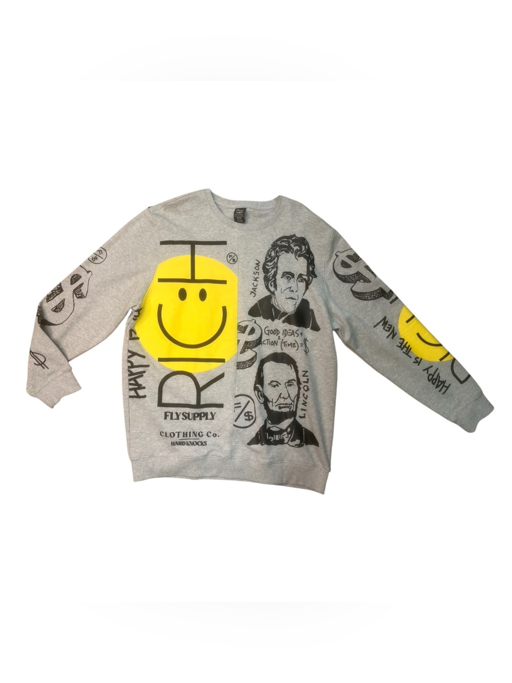 Sz 3xl Emoji fly supply Gray Graphic Crewneck Sweater with Yellow Smile